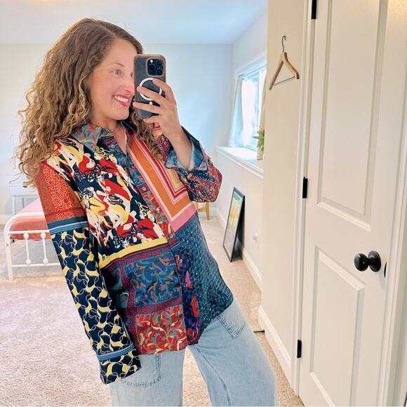 Staud Blue Red Artsy Patchwork Long Sleeve Button Front Top Blouse Medium - Picture 1 of 16